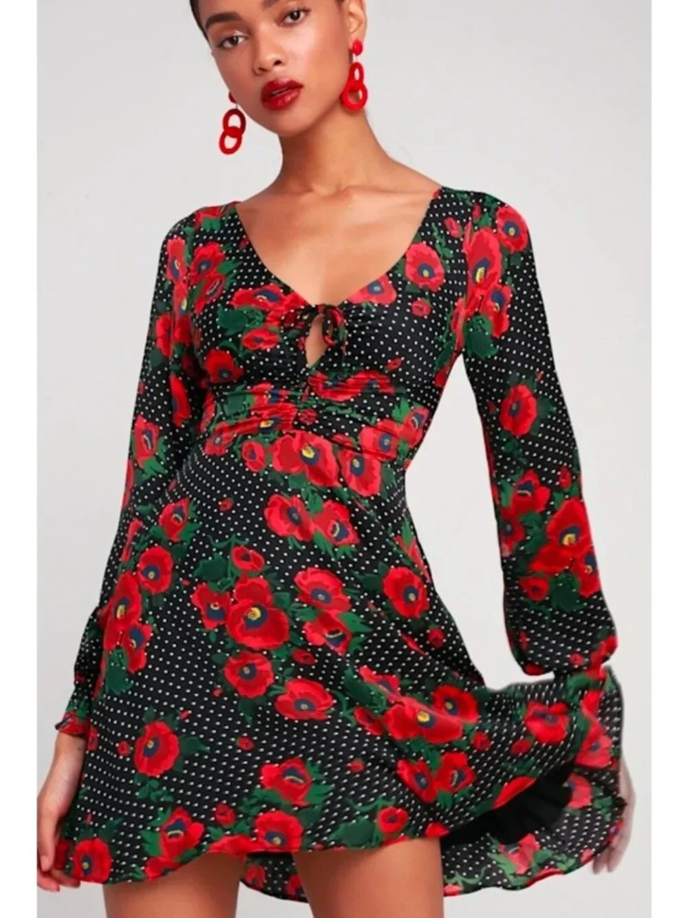 New! Free People Size 12 Morning Light Black Print Long Sleeve Mini Dress